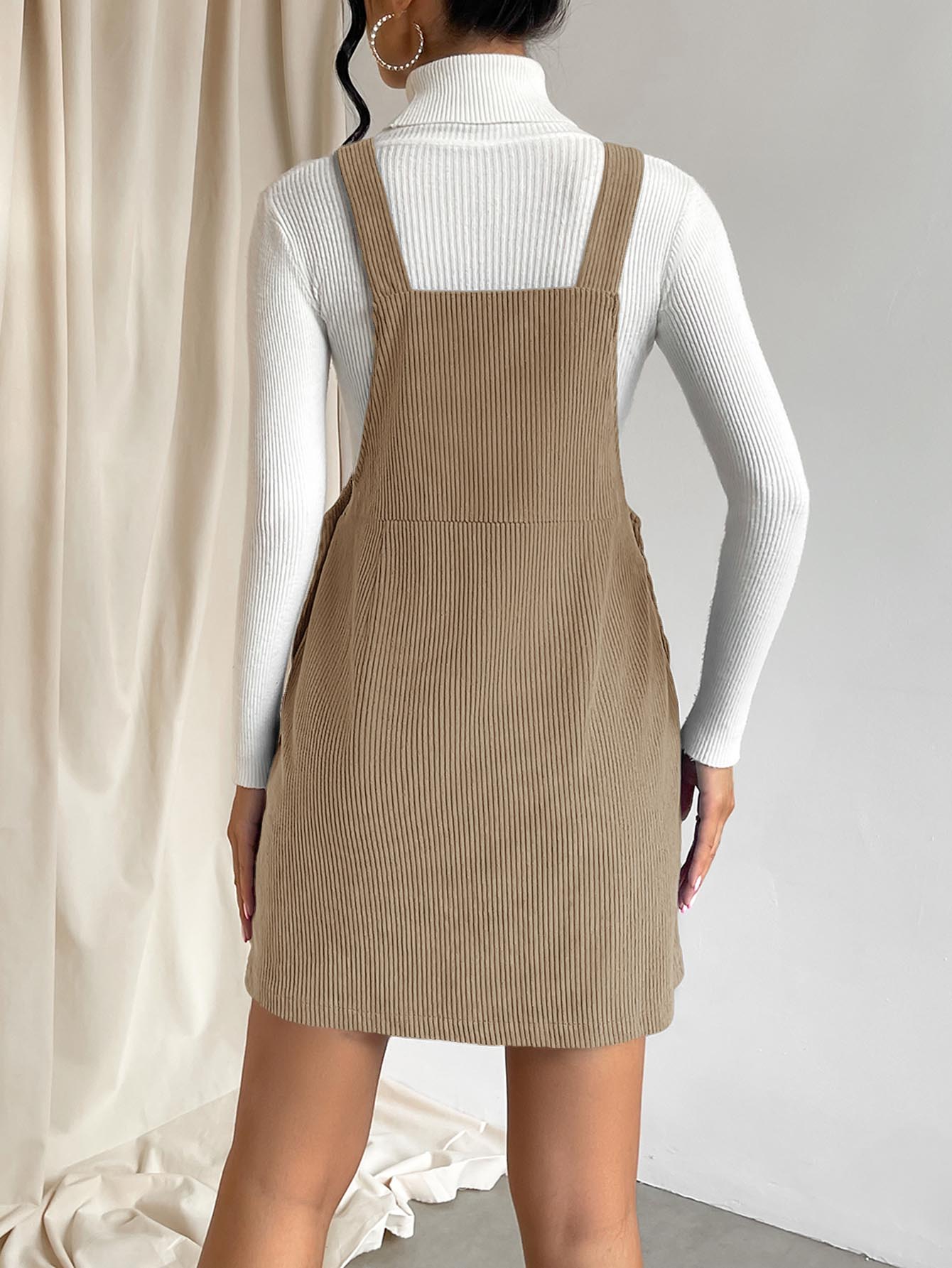 Solid Pocket Patched Overall Dress Without Sweater
