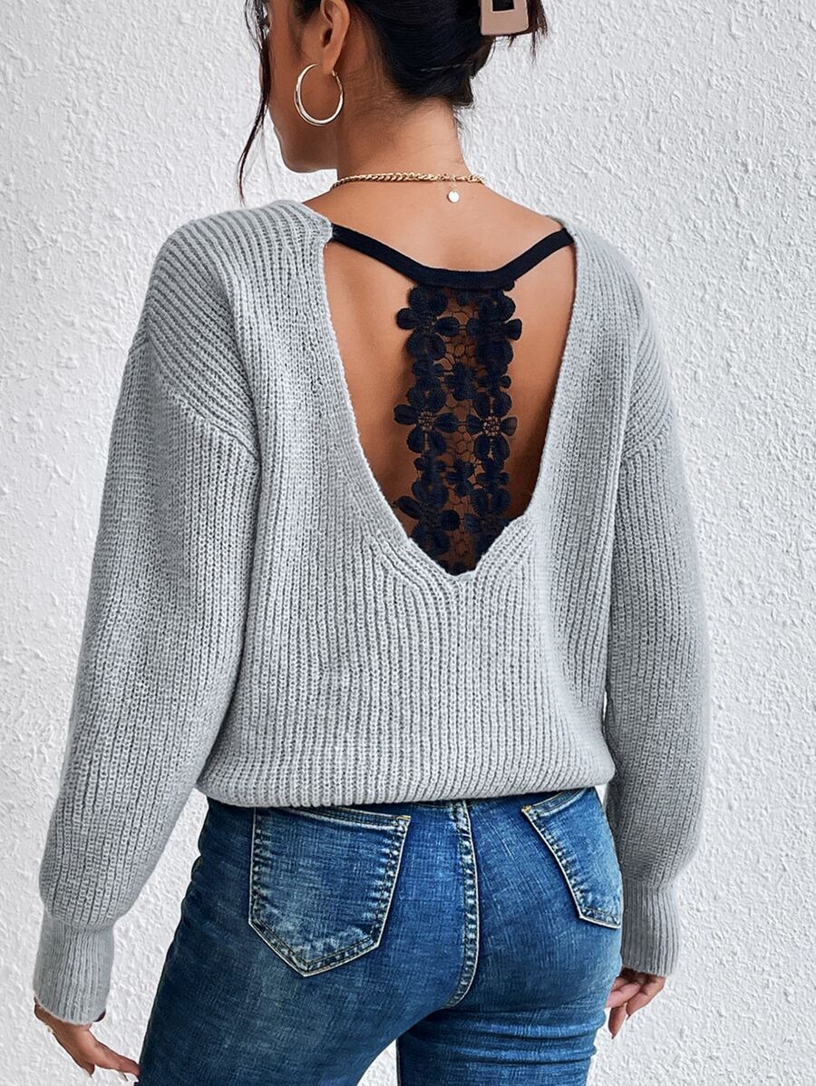 SHEIN Frenchy Guipure Lace Panel Drop Shoulder Jumper - Light Grey - View 1
