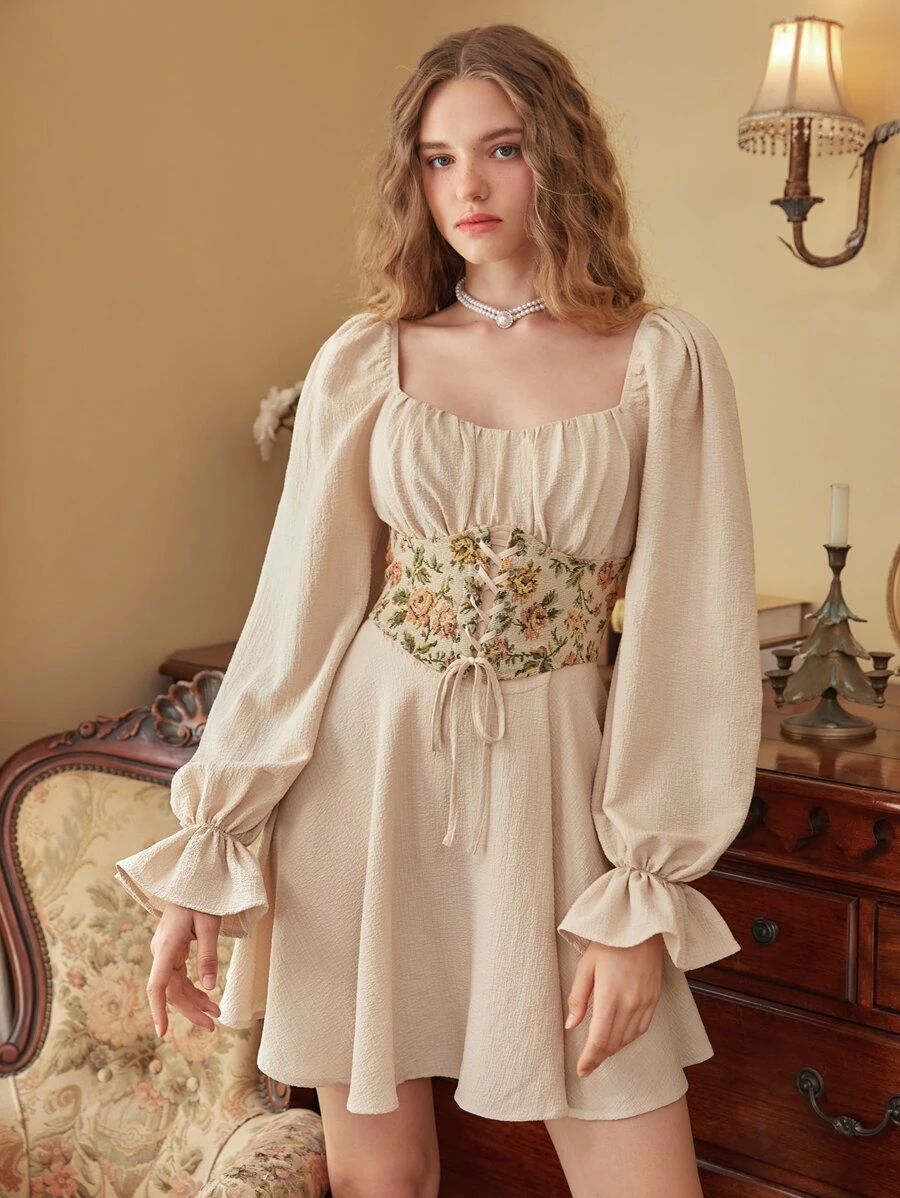 SHEIN MOD 雞心領口荷葉袖繫帶腰封連衣裙 - 卡其色 - 查看 1