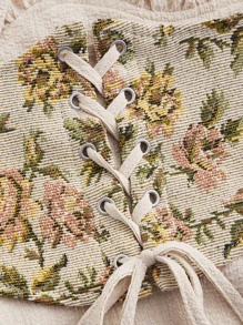 SHEIN MOD 雞心領口荷葉袖繫帶腰封連衣裙 - 卡其色 - 查看 3