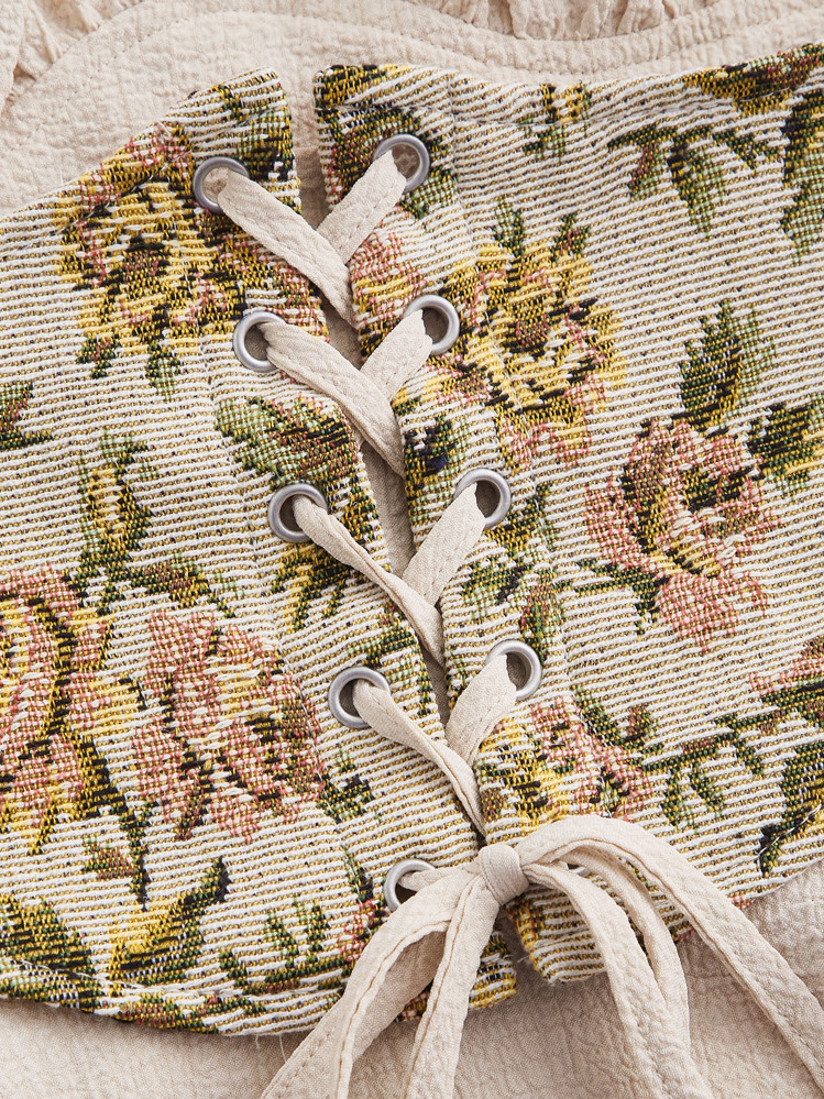 SHEIN MOD 雞心領口荷葉袖繫帶腰封連衣裙 - 卡其色 - 查看 3