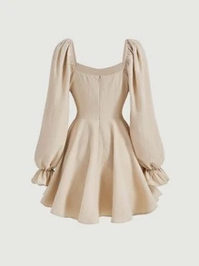 SHEIN MOD 雞心領口荷葉袖繫帶腰封連衣裙 - 卡其色 - 查看 5