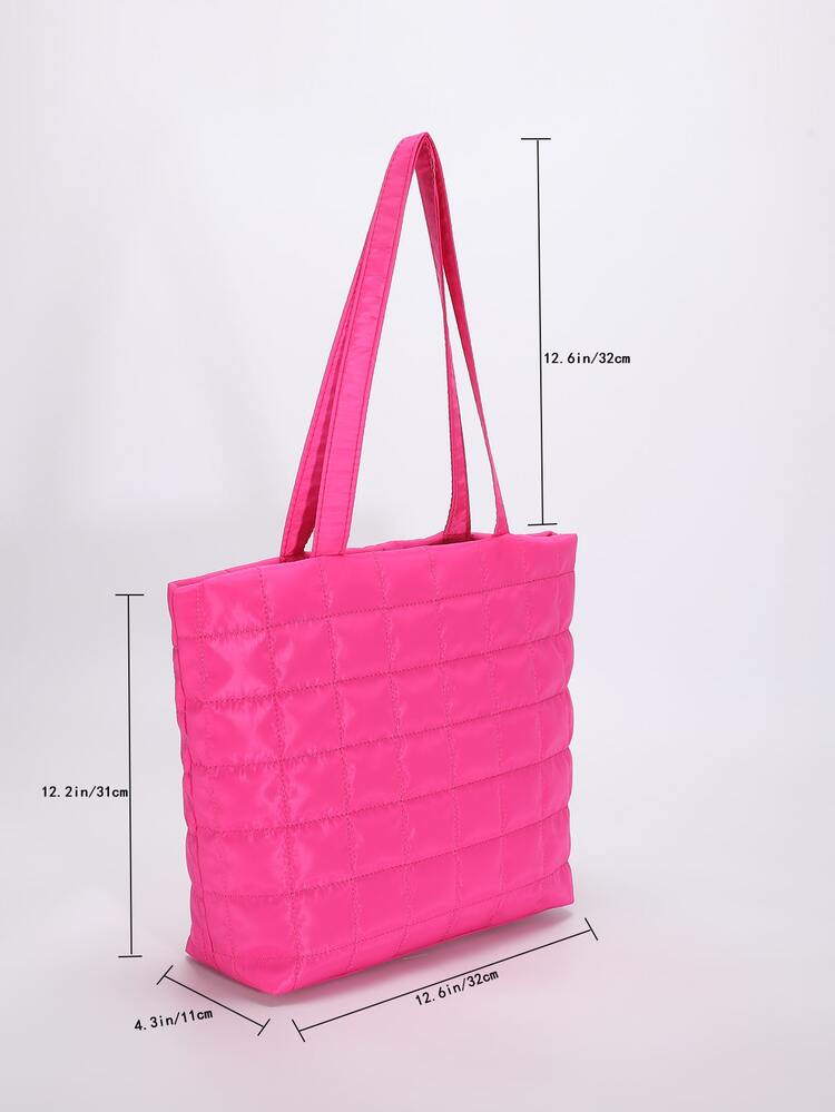 Neon Pink Quilted Design Shoulder Tote Bag - Hot Pink - View 5