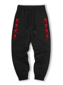 ROMWE MEN Guys Floral Print Sweatpants - Black - View 1