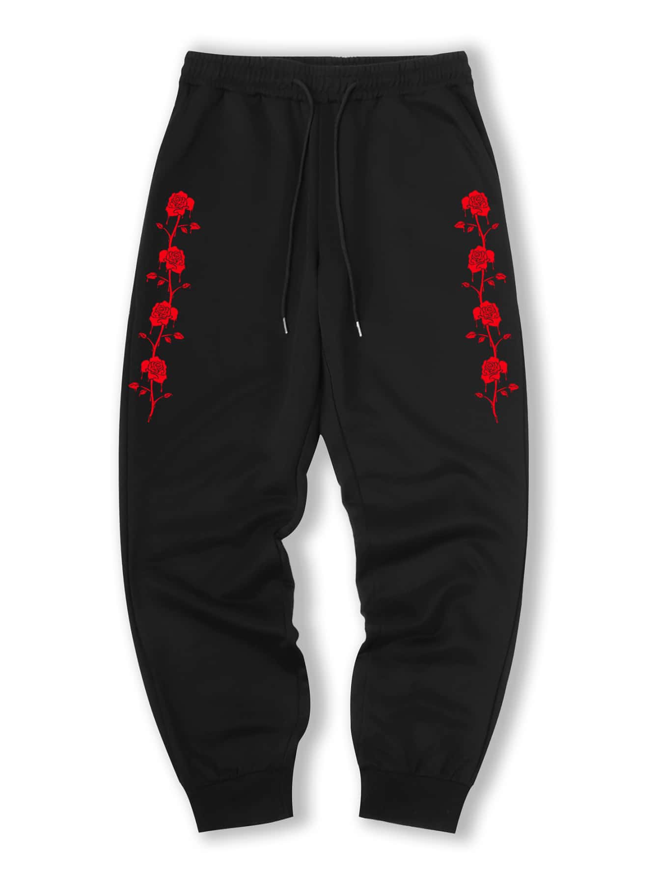 ROMWE MEN Guys Floral Print Sweatpants - Black - View 1