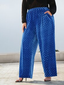 SHEIN CURVE+ Plus Elastic Waist Slant Pocket Wide Leg Trousers - Royal Blue - View 3