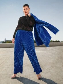 SHEIN CURVE+ Plus Elastic Waist Slant Pocket Wide Leg Trousers - Royal Blue - View 1