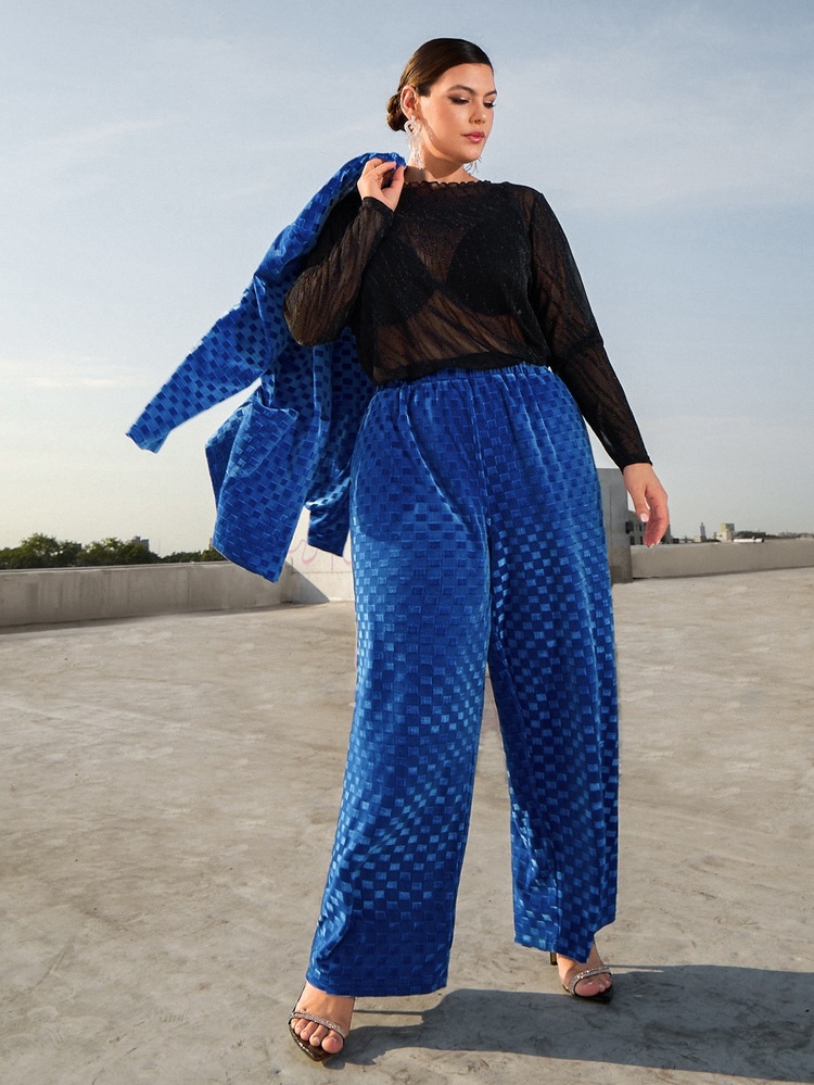 SHEIN CURVE+ Plus Elastic Waist Slant Pocket Wide Leg Pants - Royal Blue - View 4