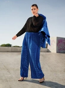 SHEIN CURVE+ Plus Elastic Waist Slant Pocket Wide Leg Trousers - Royal Blue - View 5