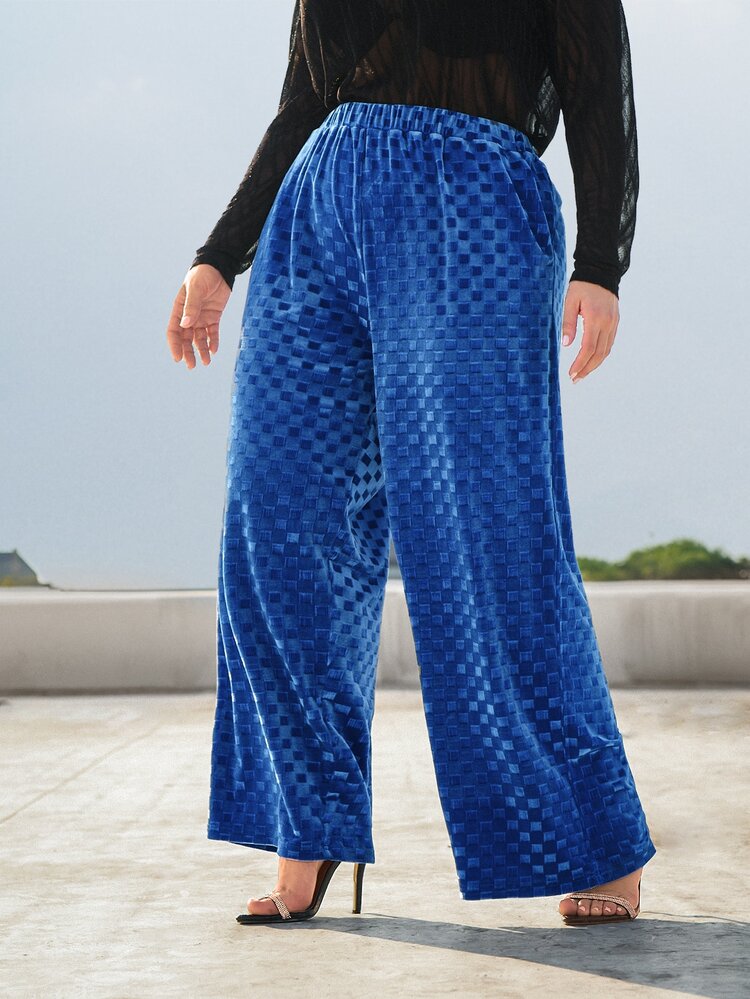 SHEIN CURVE+ Plus Elastic Waist Slant Pocket Wide Leg Pants - Royal Blue - View 7