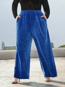 SHEIN CURVE+ Plus Elastic Waist Slant Pocket Wide Leg Trousers - Royal Blue - View 8