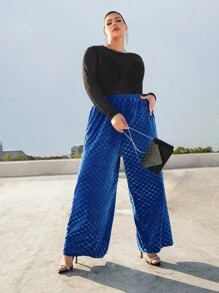 SHEIN CURVE+ Plus Elastic Waist Slant Pocket Wide Leg Trousers - Royal Blue - View 11