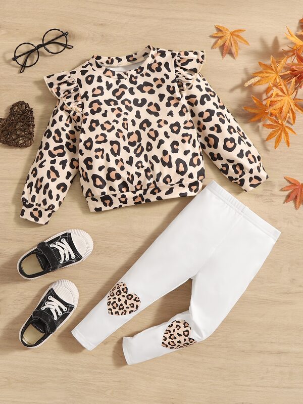 SHEIN Baby Leopard Print Ruffle Trim Tee & Leggings