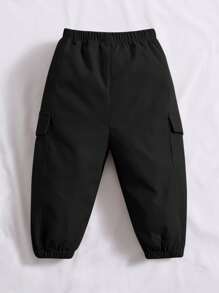 SHEIN Baby Boy Letter Patched Detail Flap Pocket Pants - Black - View 2