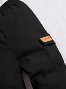 SHEIN Baby Boy Letter Patched Detail Flap Pocket Pants - Black - View 4
