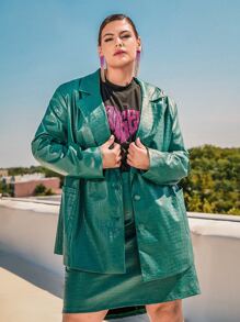 SHEIN CURVE+ Plus Crocodile Embossed PU Leather Blazer - Green - View 1