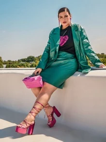 SHEIN CURVE+ Plus Crocodile Embossed PU Leather Blazer - Green - View 2