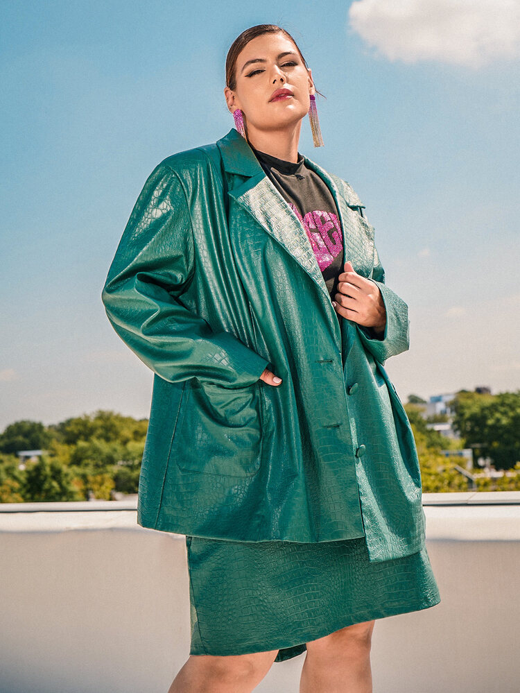 SHEIN CURVE+ Blazer con cocodrilo en relieve PU - Verde - Añade 3