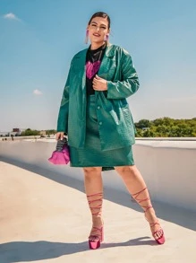 SHEIN CURVE+ Plus Crocodile Embossed PU Leather Blazer - Green - View 7