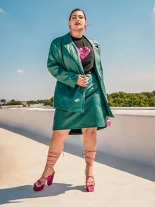 SHEIN CURVE+ Plus Crocodile Embossed PU Leather Blazer - Green - View 4