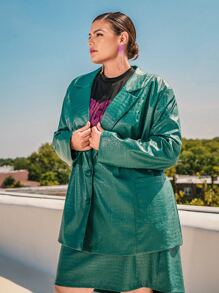 SHEIN CURVE+ Plus Crocodile Embossed PU Leather Blazer - Green - View 9
