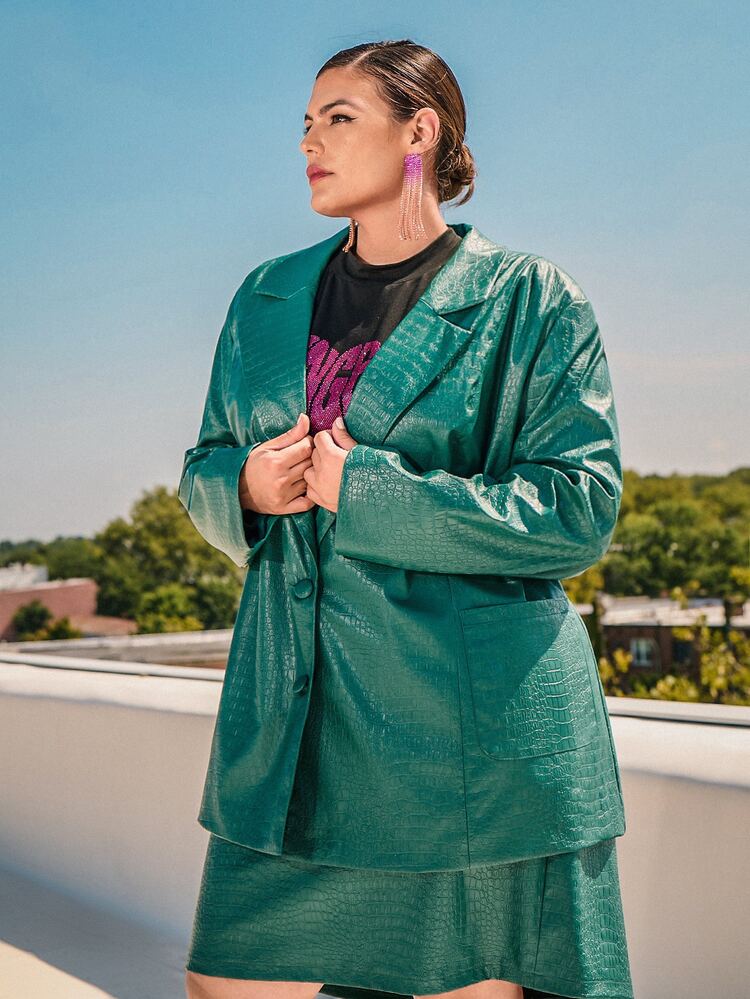 SHEIN CURVE+ Blazer con cocodrilo en relieve PU - Verde - Añade 9