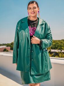SHEIN CURVE+ Plus Crocodile Embossed PU Leather Blazer - Green - View 6