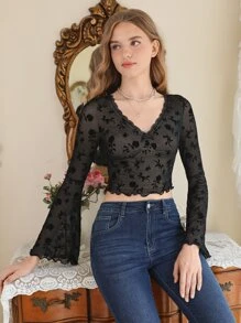 SHEIN MOD 印花木耳邊網紗上衣 - 黑色 - 查看 3