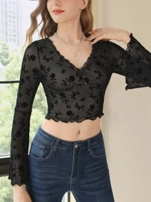 SHEIN MOD 印花木耳邊網紗上衣 - 黑色 - 查看 4