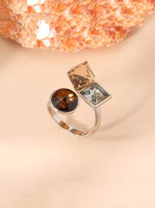 方晶鋯石裝飾開口戒指 - 銀色 - 查看 1