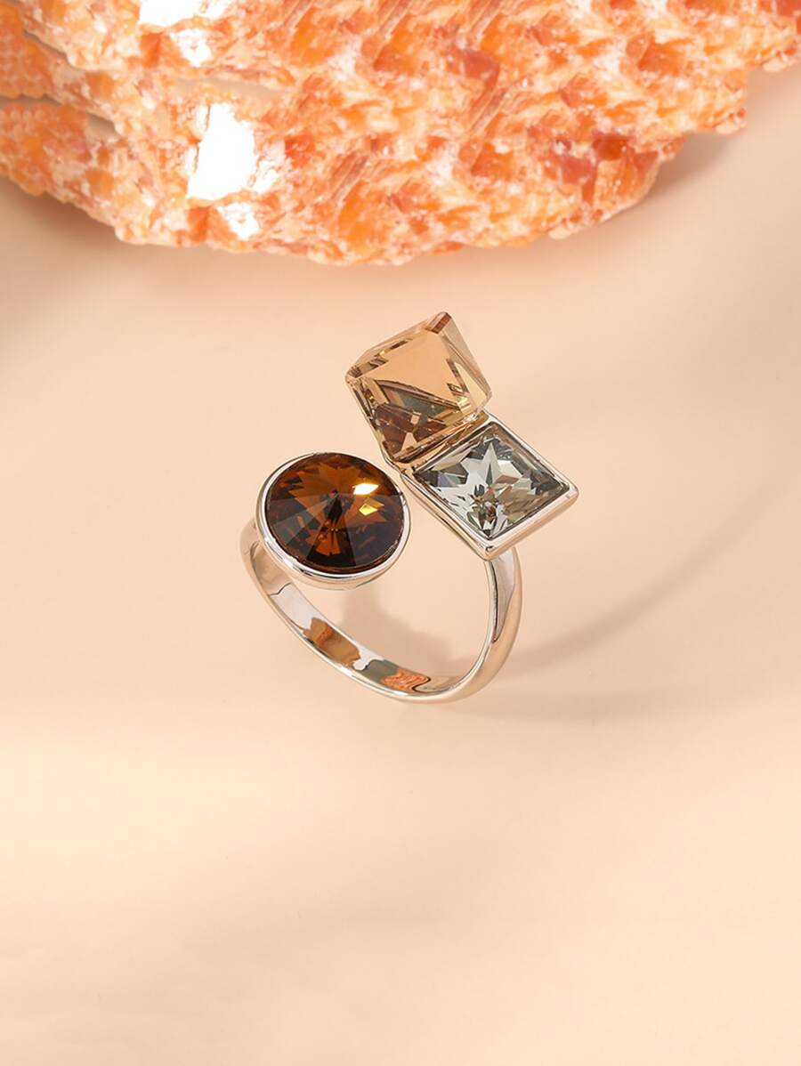 方晶鋯石裝飾開口戒指 - 銀色 - 查看 1