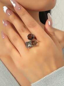 方晶鋯石裝飾開口戒指 - 銀色 - 查看 2