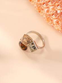 方晶鋯石裝飾開口戒指 - 銀色 - 查看 4