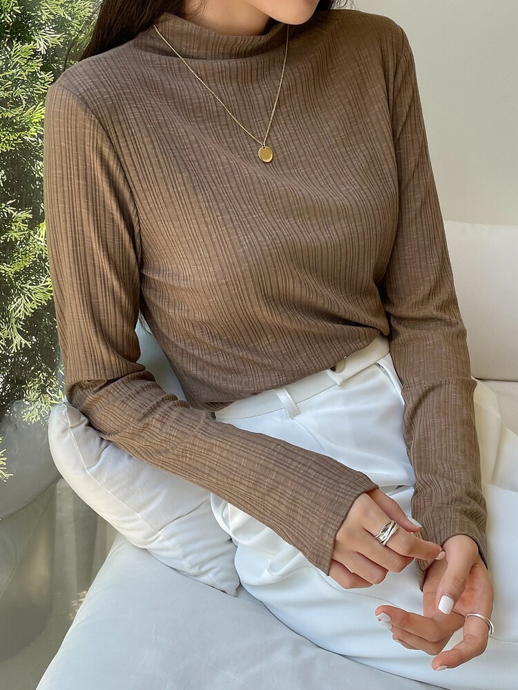 DAZY 小高領條紋針織T恤 - 卡其色 - 查看 3