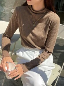 DAZY 小高領條紋針織T恤 - 卡其色 - 查看 4