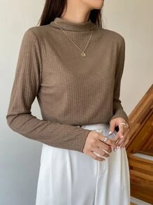 DAZY 小高領條紋針織T恤 - 卡其色 - 查看 5