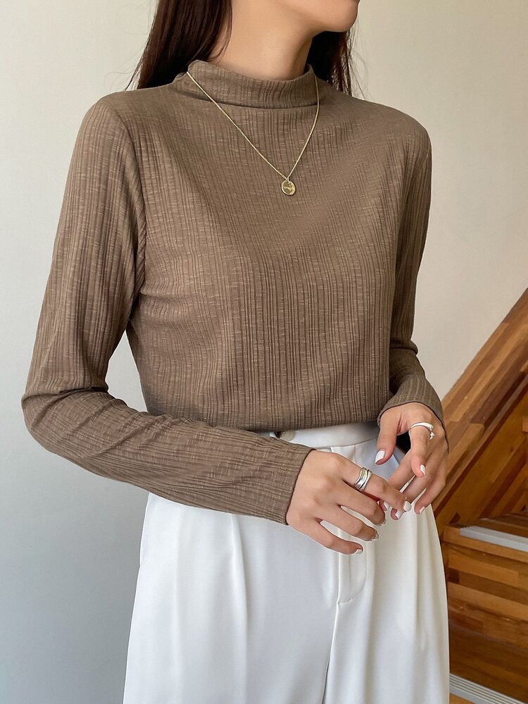 DAZY 小高領條紋針織T恤 - 卡其色 - 查看 5