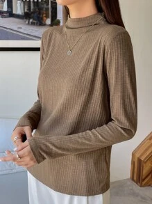 DAZY 小高領條紋針織T恤 - 卡其色 - 查看 7