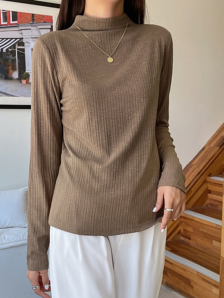 DAZY 小高領條紋針織T恤 - 卡其色 - 查看 8