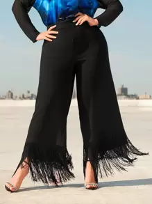 SHEIN CURVE+ Plus Fringe Hem Wide Leg Trousers - Black - View 1