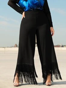 SHEIN CURVE+ Plus Fringe Hem Wide Leg Trousers - Black - View 2