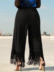 SHEIN CURVE+ Plus Fringe Hem Wide Leg Trousers - Black - View 3
