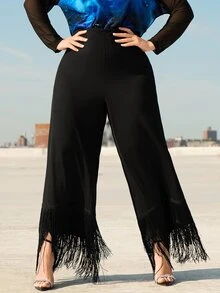 SHEIN CURVE+ Plus Fringe Hem Wide Leg Trousers - Black - View 5