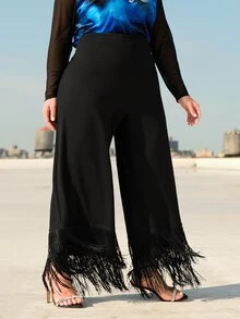 SHEIN CURVE+ Plus Fringe Hem Wide Leg Trousers - Black - View 6