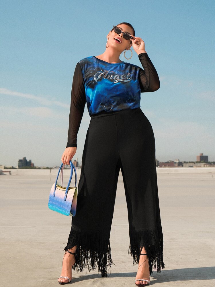 SHEIN CURVE+ Plus Fringe Hem Wide Leg Pants - Black - View 7