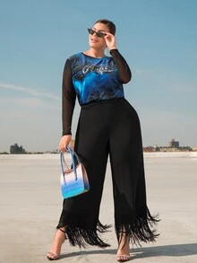 SHEIN CURVE+ Plus Fringe Hem Wide Leg Trousers - Black - View 8