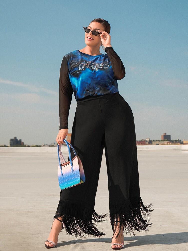 SHEIN CURVE+ Plus Fringe Hem Wide Leg Pants - Black - View 8