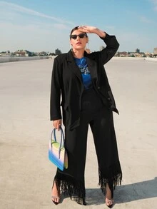 SHEIN CURVE+ Plus Fringe Hem Wide Leg Trousers - Black - View 10