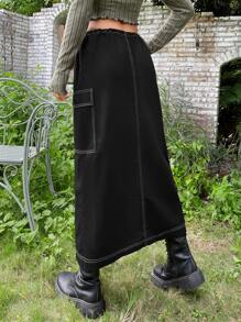 ROMWE PUNK Grunge Top-stitching Flap Pocket Side Drawstring Waist Skirt - Black - View 2
