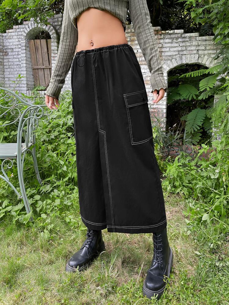 ROMWE PUNK Grunge Top-stitching Flap Pocket Side Drawstring Waist Skirt - Black - View 4